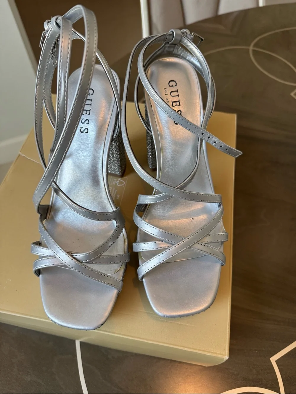 Guess Silver Metallic Strappy Platform Sandals